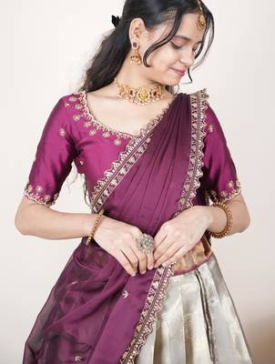 Cream woven art silk lehenga choli 5