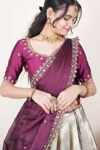Cream woven art silk lehenga choli