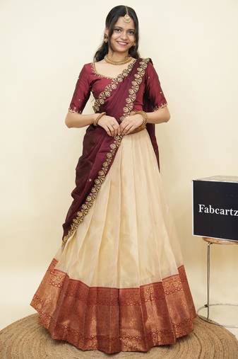 Cream woven art silk lehenga choli