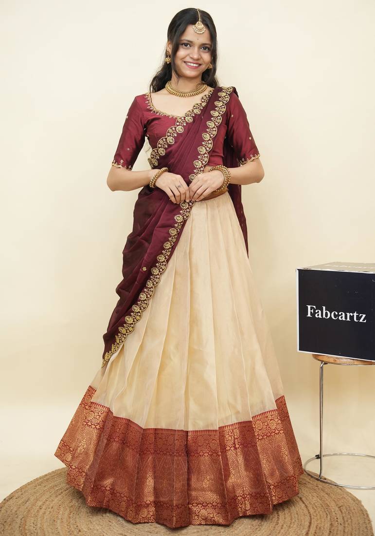 Cream woven art silk lehenga choli