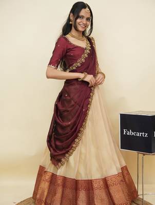 Cream woven art silk lehenga choli 3