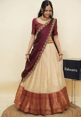 Cream woven art silk lehenga choli 4