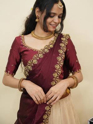Cream woven art silk lehenga choli 5