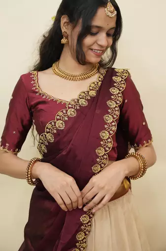 Cream woven art silk lehenga choli