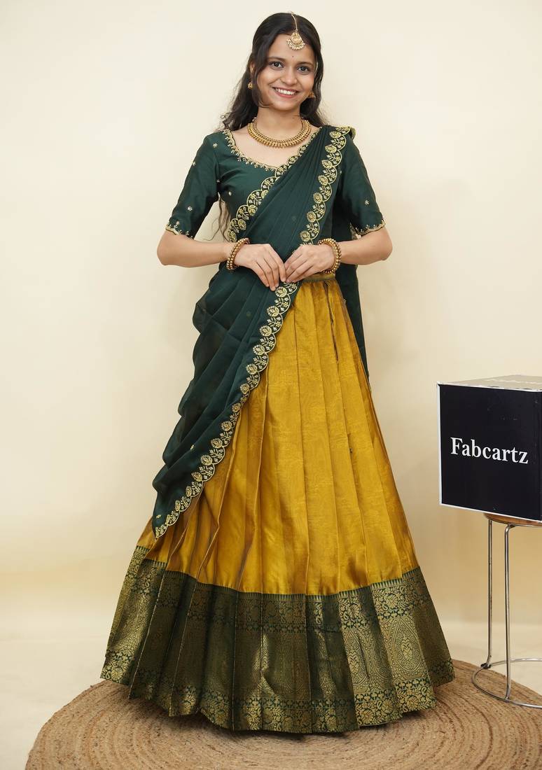 Yellow woven art silk lehenga choli