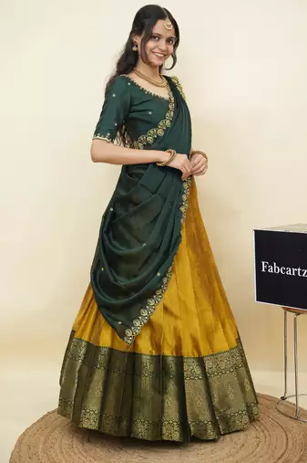Yellow woven art silk lehenga choli