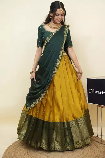 Yellow woven art silk lehenga choli