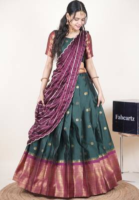 Green woven art silk lehenga choli 4