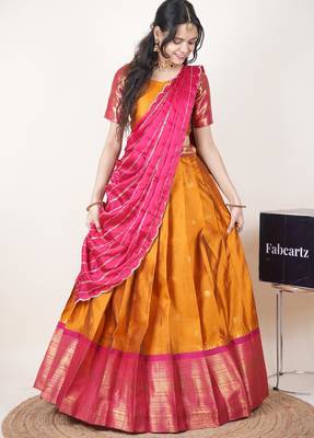 Yellow woven art silk lehenga choli 4