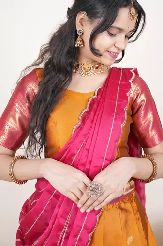 Yellow woven art silk lehenga choli