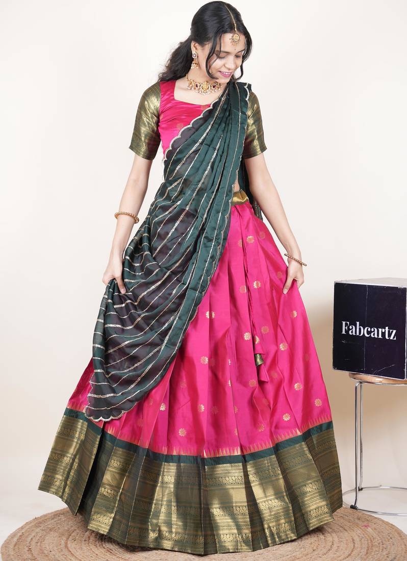 Pink woven art silk lehenga choli