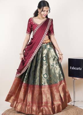 Green woven art silk lehenga choli 4