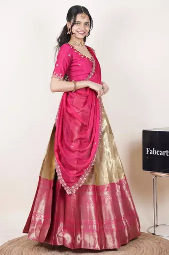 Beige woven art silk lehenga choli