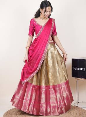 Beige woven art silk lehenga choli 4