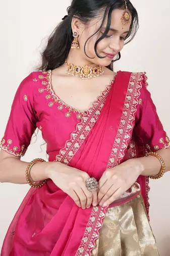 Beige woven art silk lehenga choli