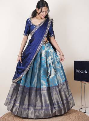 Blue woven art silk lehenga choli 4