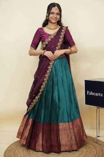 Teal woven art silk lehenga choli