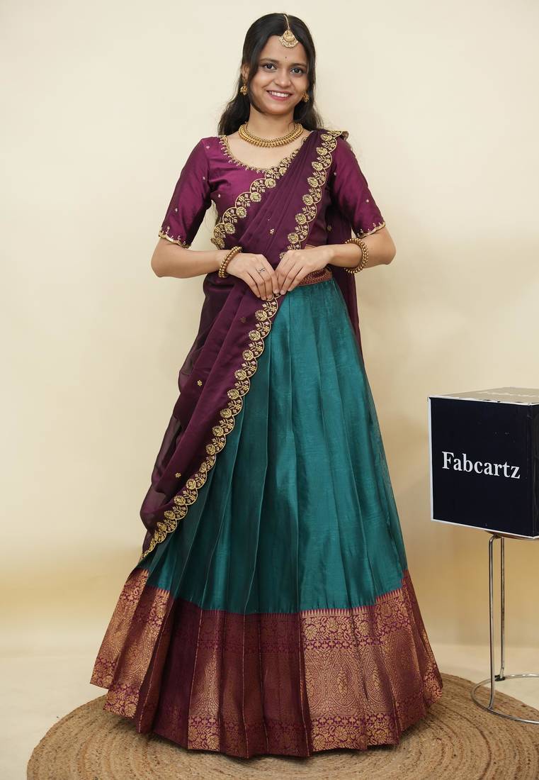 Teal woven art silk lehenga choli
