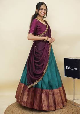 Teal woven art silk lehenga choli 3