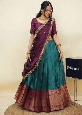 Teal woven art silk lehenga choli 4