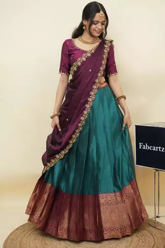Teal woven art silk lehenga choli