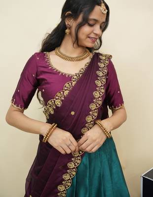 Teal woven art silk lehenga choli 5