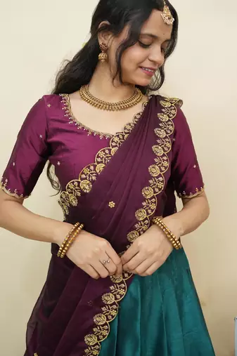Teal woven art silk lehenga choli