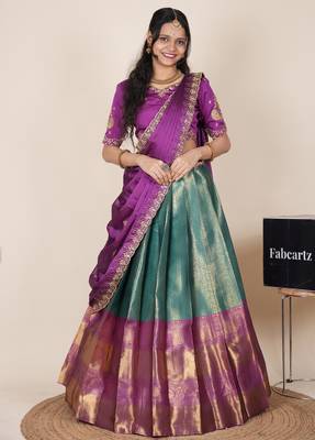 turquoise woven art silk lehenga choli 1