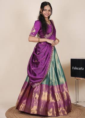 turquoise woven art silk lehenga choli 3
