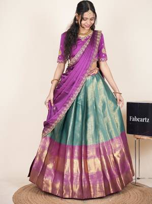 turquoise woven art silk lehenga choli 4