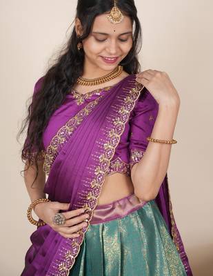 turquoise woven art silk lehenga choli 5