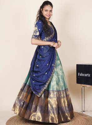 Teal woven art silk lehenga choli 3