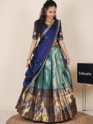 Teal woven art silk lehenga choli 4