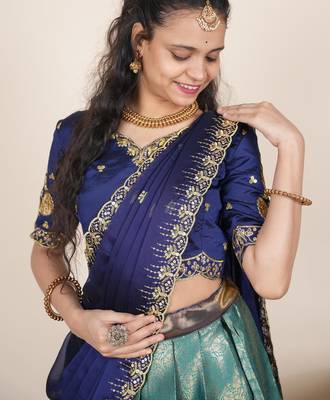 Teal woven art silk lehenga choli 5