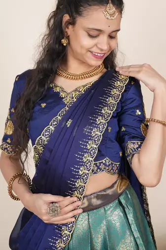 Teal woven art silk lehenga choli