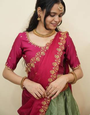 Green woven art silk lehenga choli 5