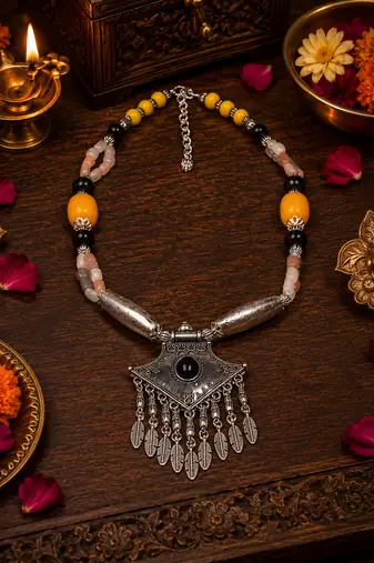 Designer beads necklace with german silver pendant