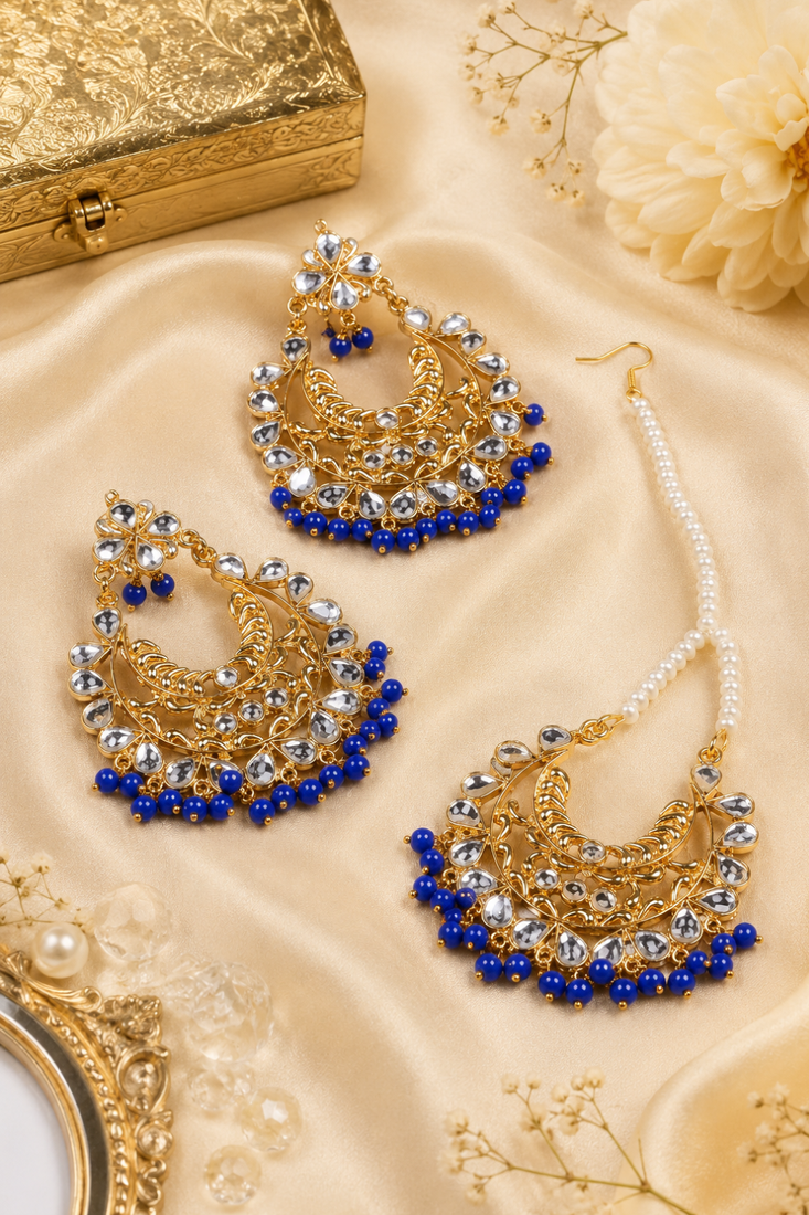 Traditional Gold Finish Earrings Tikka Set