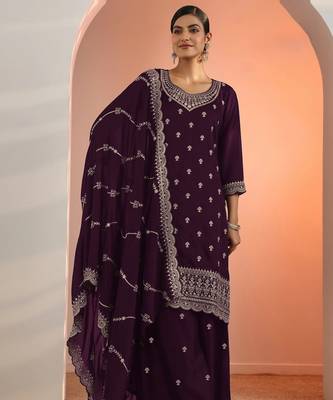 Wine embroidered blooming georgette palazzo salwar suit 1