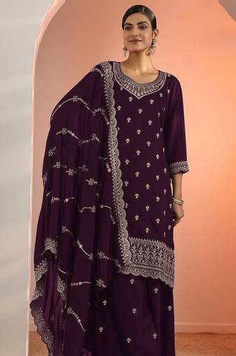 Wine embroidered blooming fox georgette palazzo salwar suit