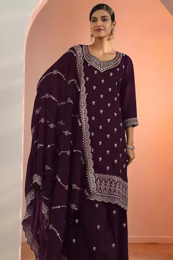 Wine embroidered blooming georgette palazzo salwar suit