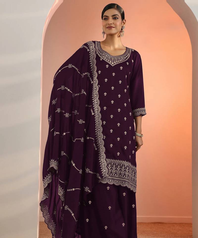 Wine embroidered blooming fox georgette palazzo salwar suit