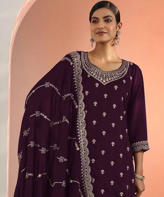 Wine embroidered blooming georgette palazzo salwar suit 2