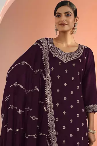 Wine embroidered blooming georgette palazzo salwar suit