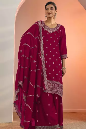 Red embroidered blooming georgette palazzo salwar suit