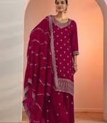 Red embroidered blooming fox georgette palazzo salwar suit