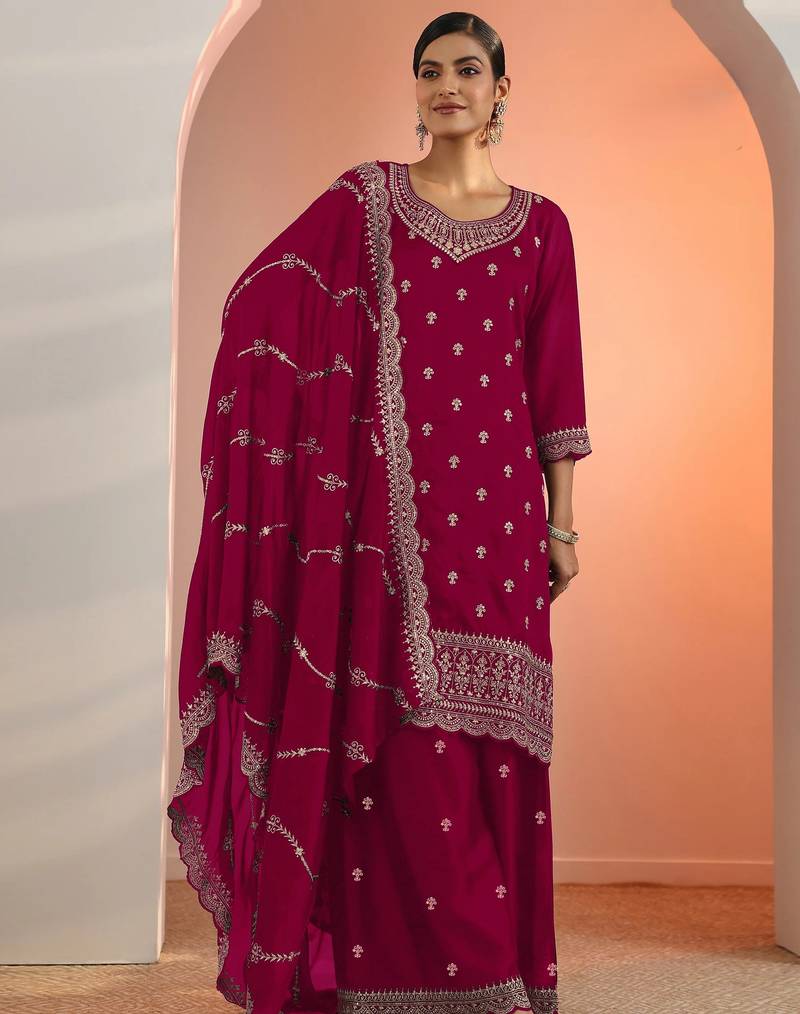 Red embroidered blooming fox georgette palazzo salwar suit