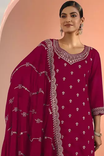 Red embroidered blooming georgette palazzo salwar suit