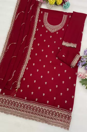 Red embroidered blooming georgette palazzo salwar suit