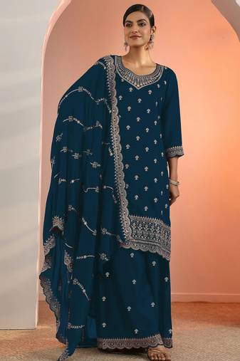 Royal blue embroidered blooming fox georgette palazzo salwar suit